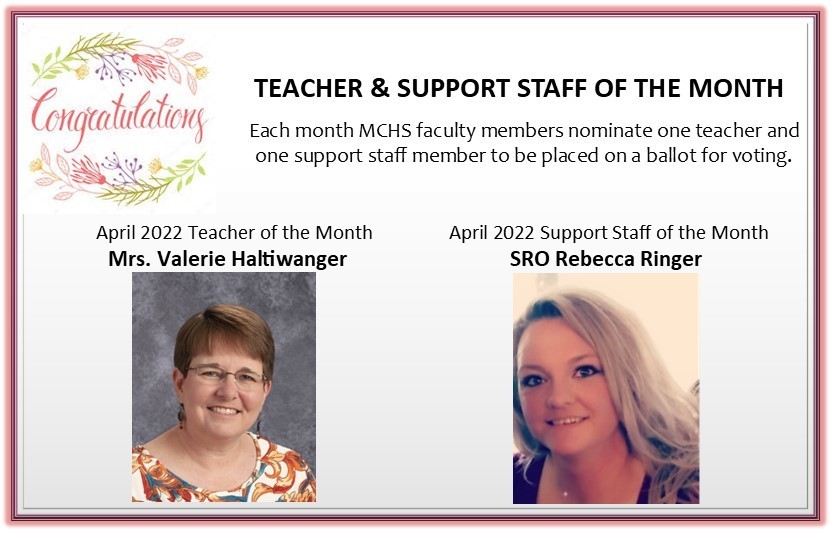 April Teacher, Support Staff, and Students of the Month