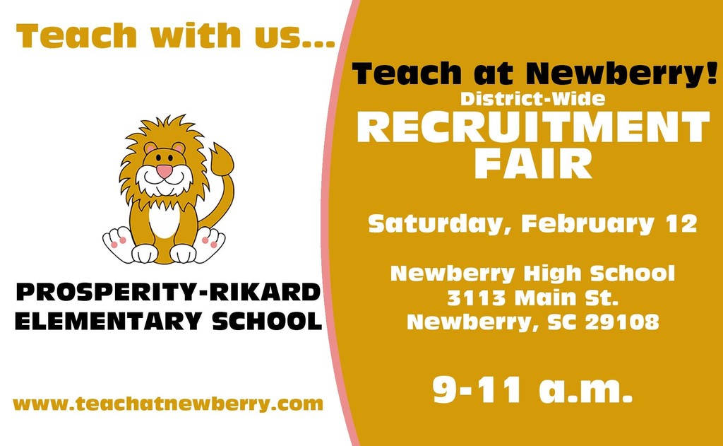 Calling all teachers!!!! Mark your calendar for our Recruitment Fair and come by and chat with us.  We would LOVE to meet you! Facebook: @School District of Newberry County Twitter: @Newberryschools